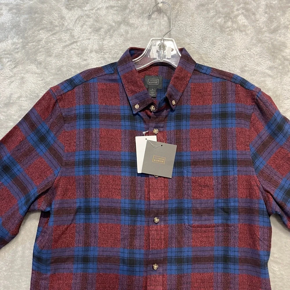 14th & Union Flannel Shirt Mens M Burgundy Blue Plaid Button Down‎ Cotton New